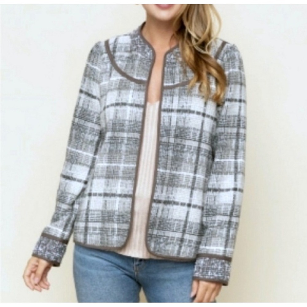 Mystree Womens L 12 NWT Artsy Plaid Tencel Linen Bl. Textured Open Jacket Fall